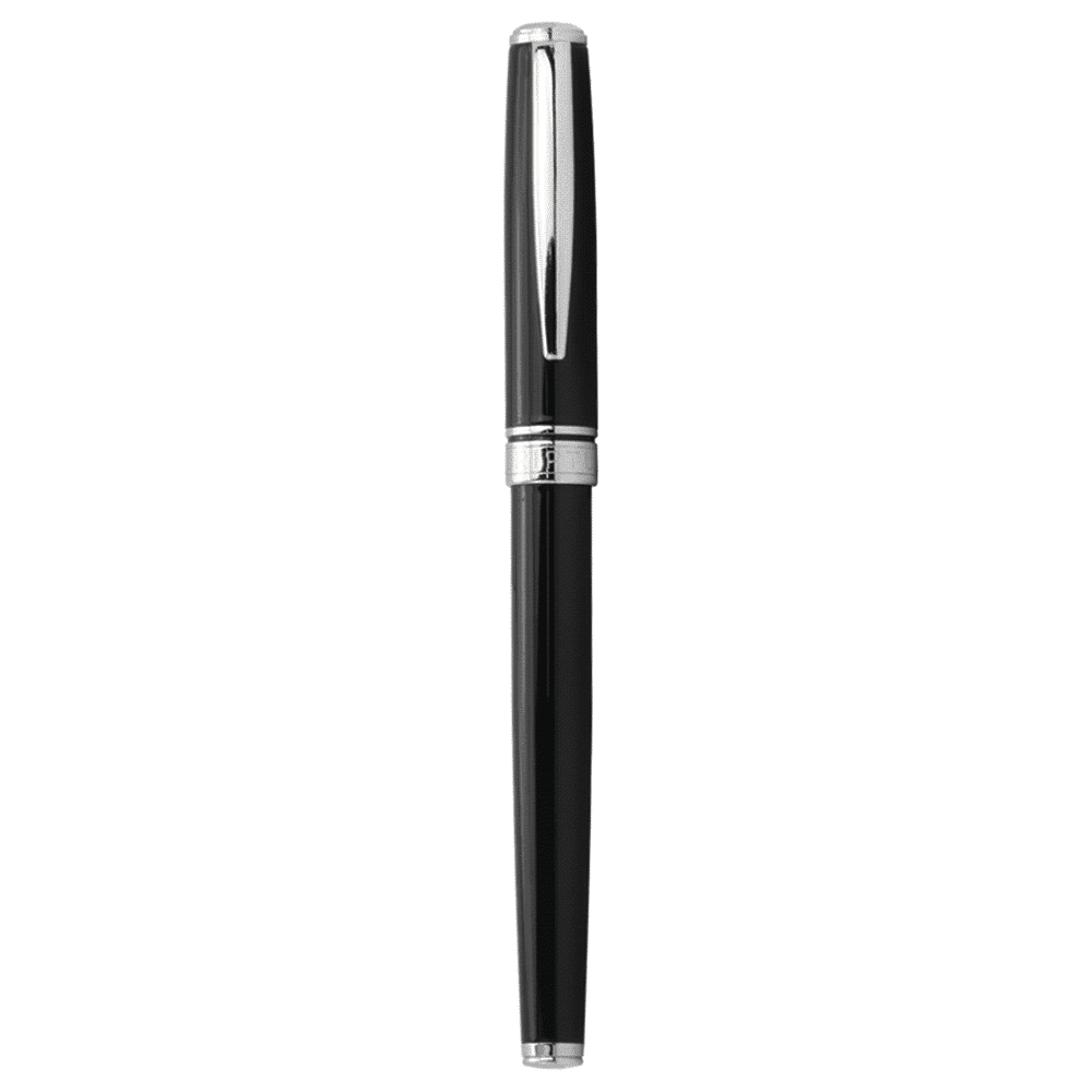 A metal rollerball pen in black with silver accents and a sleek design. It features a branding logo.