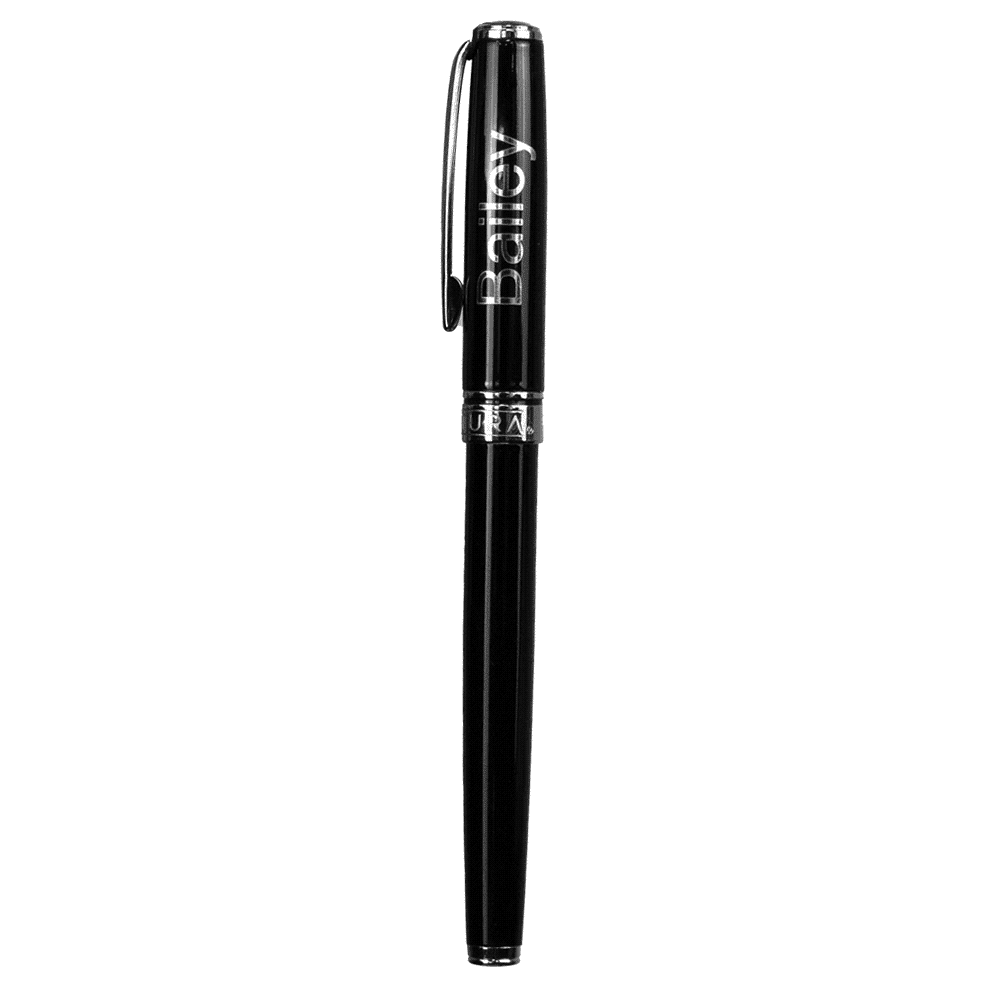 A black rollerball pen with a silver trim, presented in a sleek black box featuring a logo.