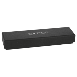 A black gift box for the Scriptura pen, featuring a sleek design and a branding logo on the top.