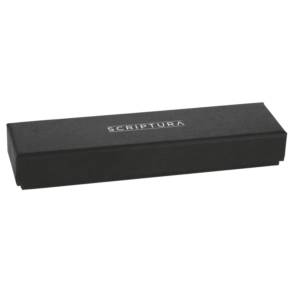 A black gift box for the Scriptura pen, featuring a sleek design and a branding logo on the top.