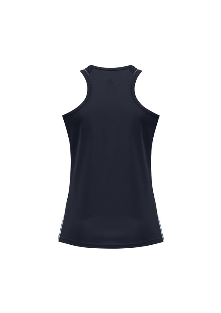 A black ladies singlet with a racerback design and contrasting side stripes, featuring a logo on the back.