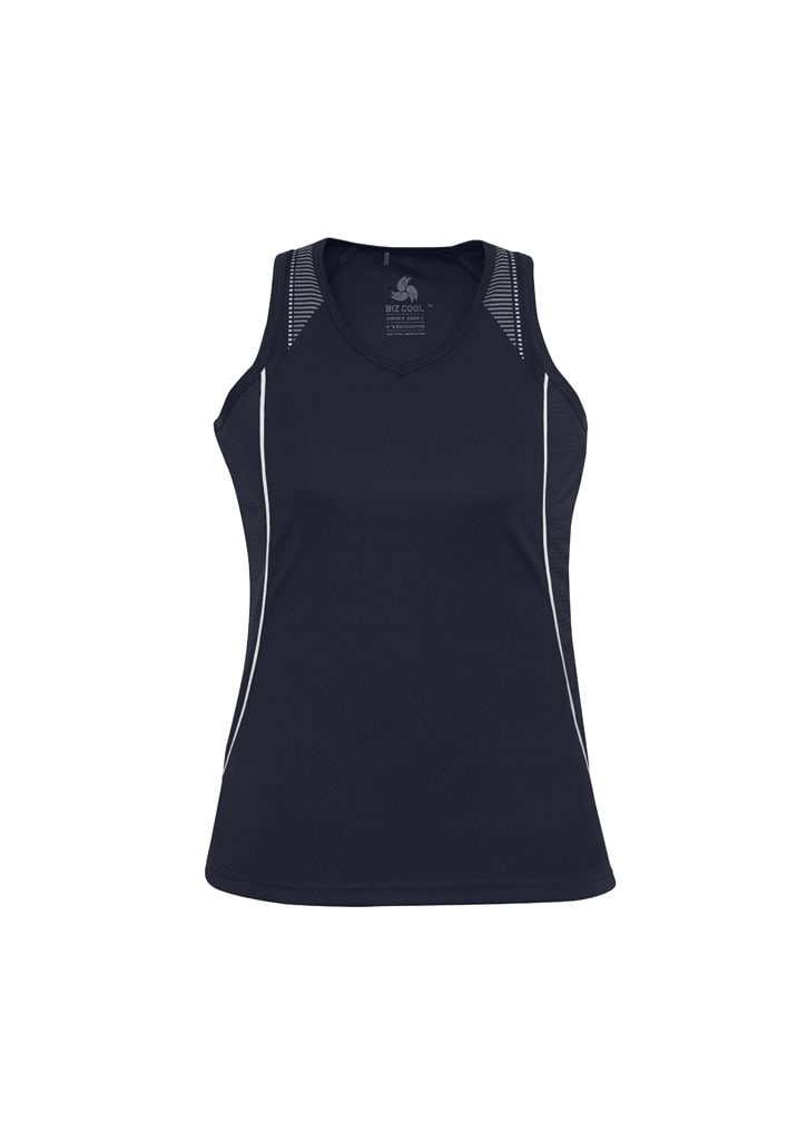A dark navy ladies singlet with a v-neck and white piping along the sides, featuring a logo on the front.
