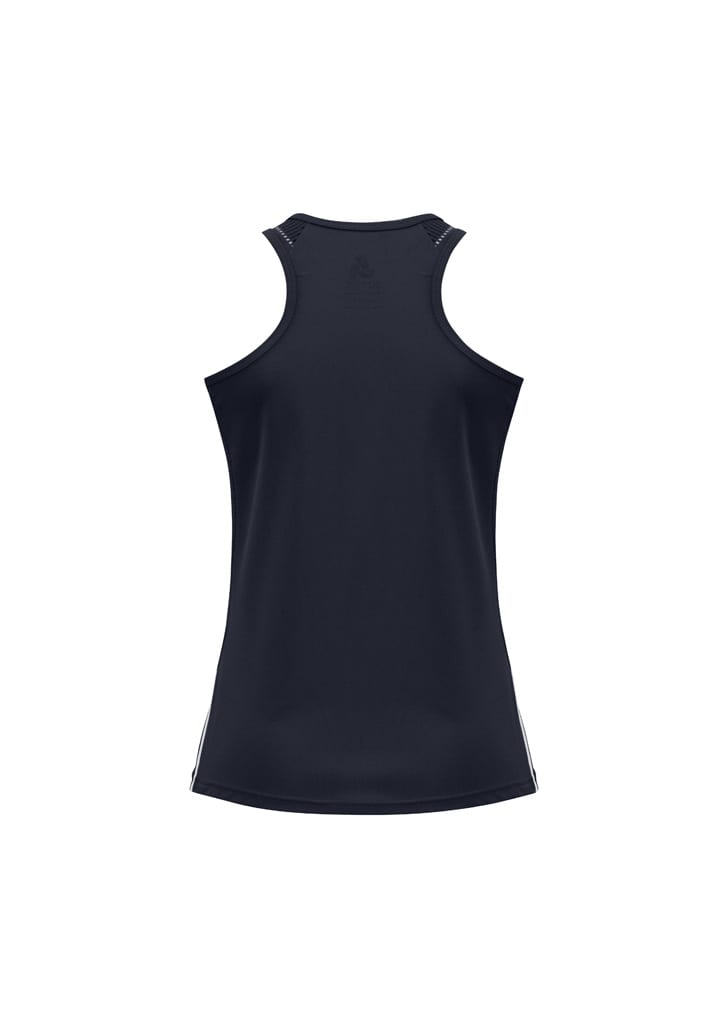A navy tank top with a racerback design and an unobtrusive logo on the back.