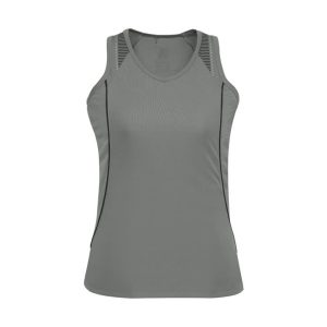 A grey Ladies Razor Singlet with mesh detailing and a fitted design. It features a logo at the hem.