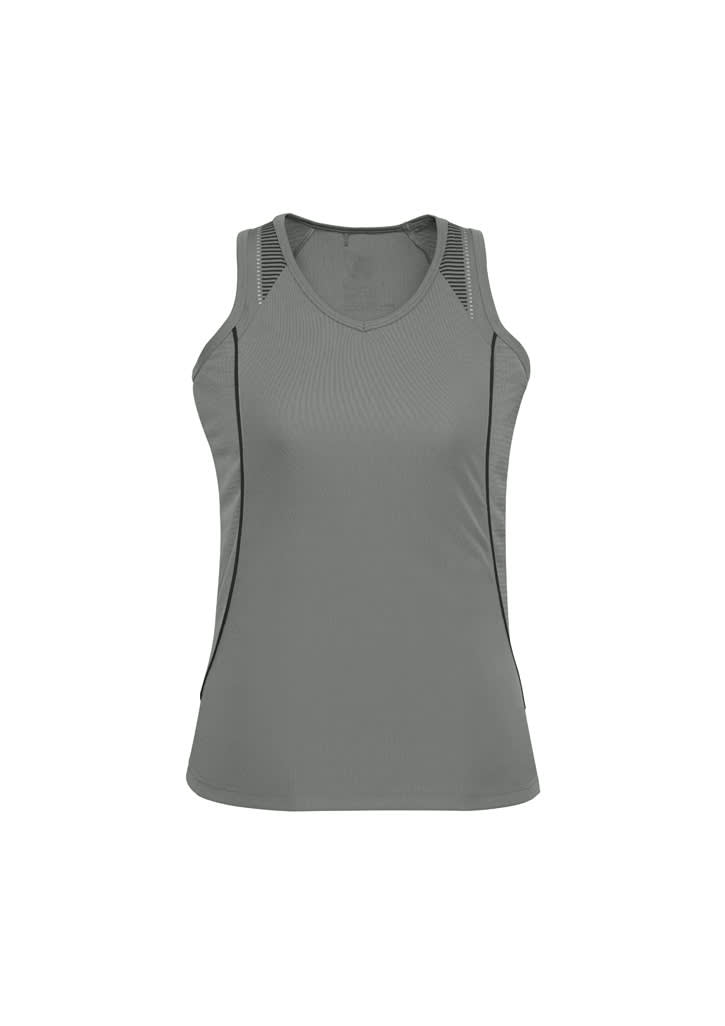 A grey Ladies Razor Singlet with mesh detailing and a fitted design. It features a logo at the hem.