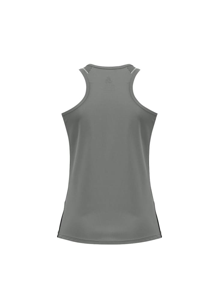 A grey ladies singlet featuring a racerback design and side slits, with a logo on the back.