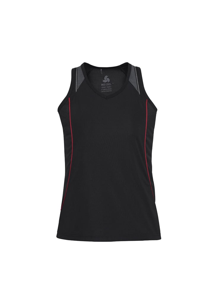 A black singlet with red accents and mesh detailing, featuring a logo.