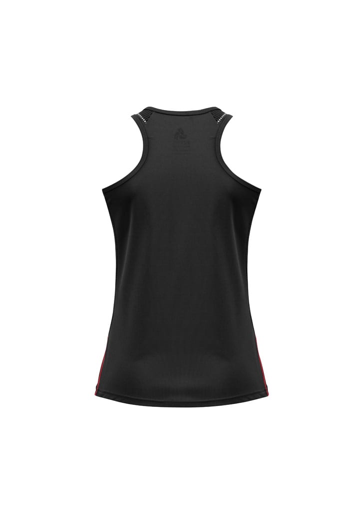 A black singlet with red detailing, featuring a racerback design and a discreet logo.