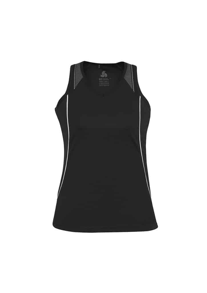 A black ladies razor singlet with a v-neck and contrasting white seams. It features a logo on the neckline.