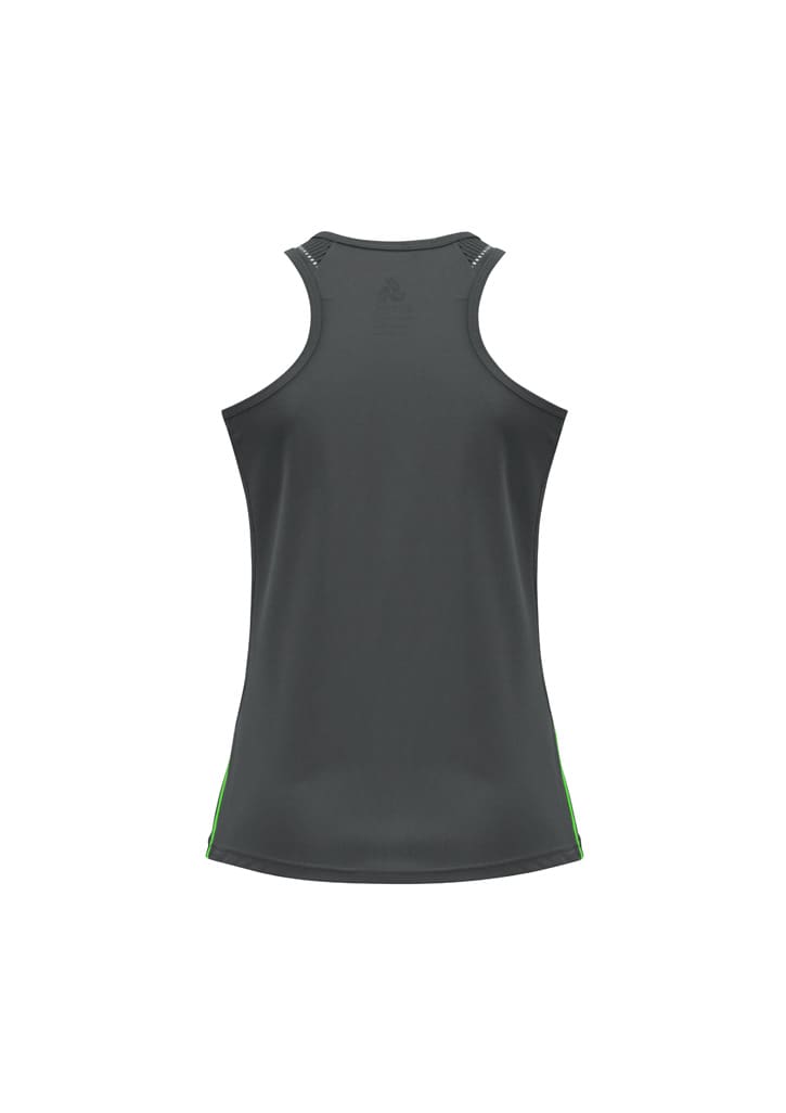A dark grey ladies' singlet featuring green accents and a logo. The design includes a racerback style.