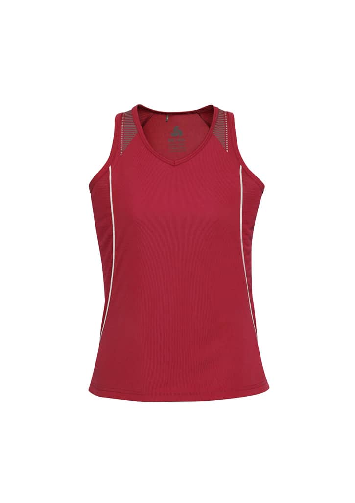 A red ladies singlet with a sporty design and white piping, featuring a logo on the front.
