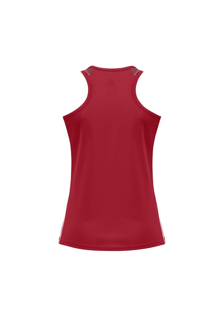 A red ladies singlet with a sporty design and a logo at the back.