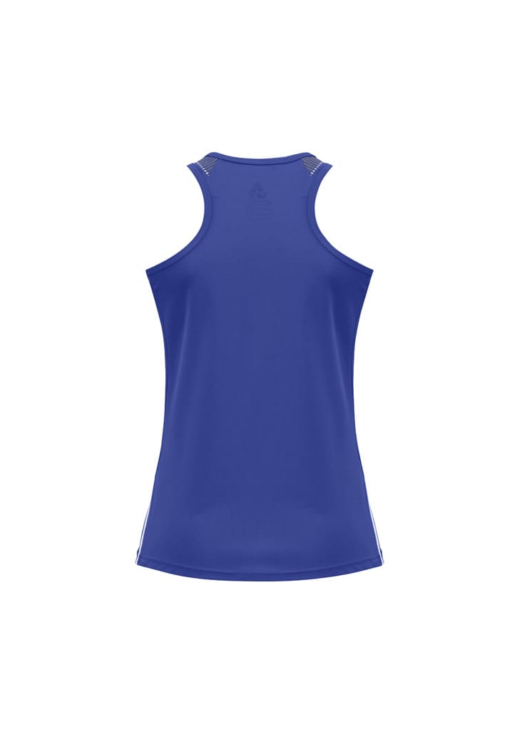 A blue ladies singlet featuring a fitted design and a logo on the back.