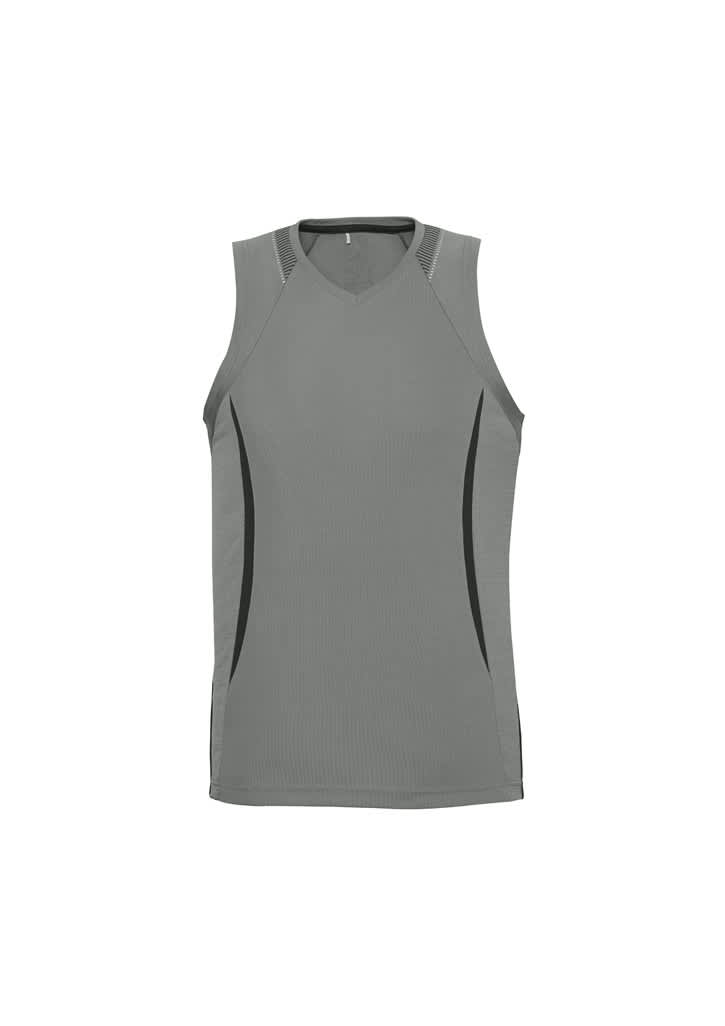 A grey men's razor singlet featuring a sleek design and contrasting side panels. It has a logo on it.