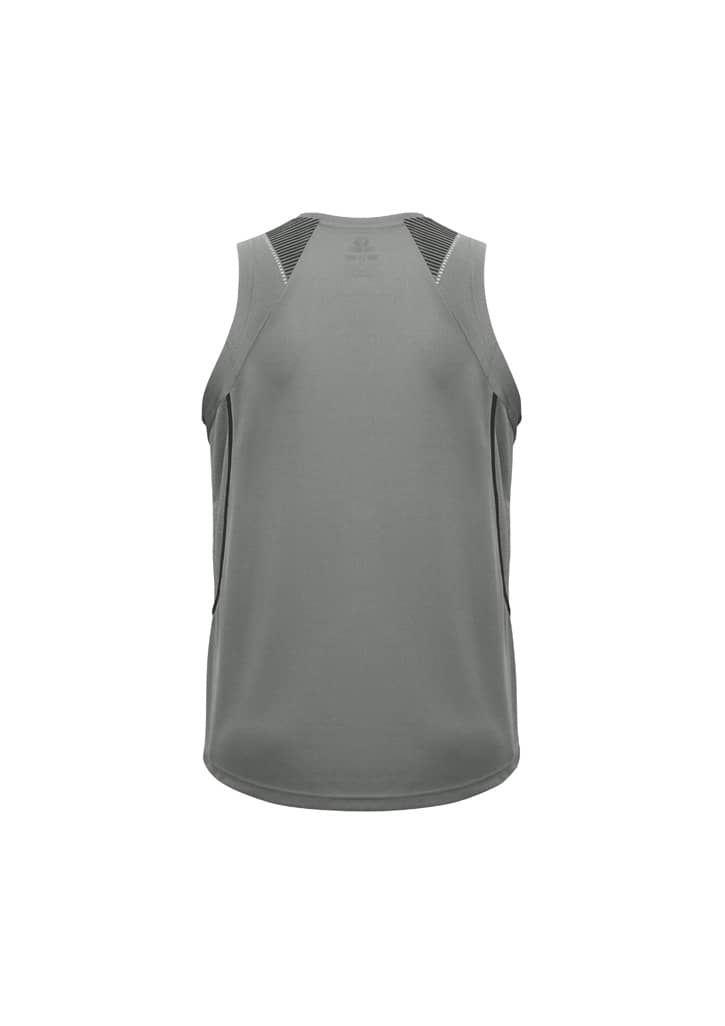 A men's singlet in a muted green colour, featuring a sleek design and a logo on the back.