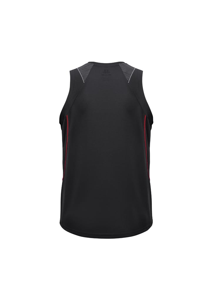 A black men's singlet with red detailing, featuring a logo on the back.