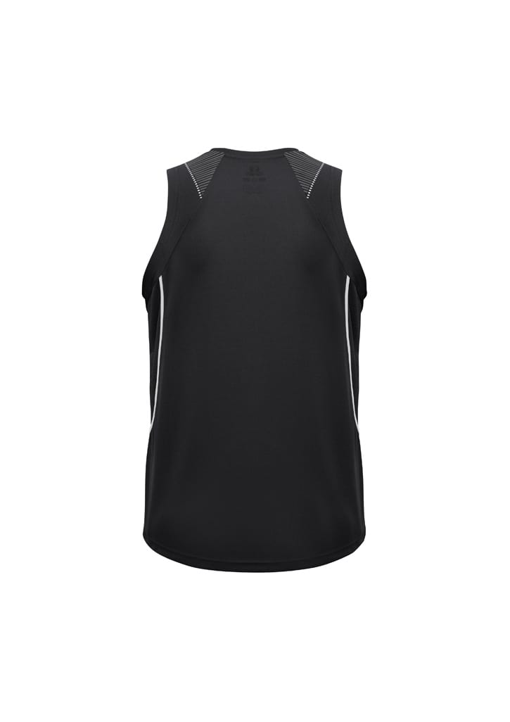A black men's singlet with white accent stitching and a logo at the back.