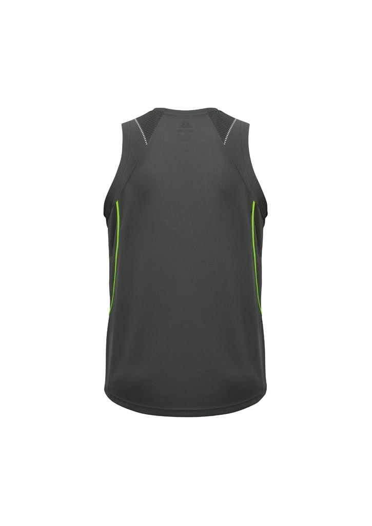 A men's singlet in dark grey with green accents, featuring a logo on the back.