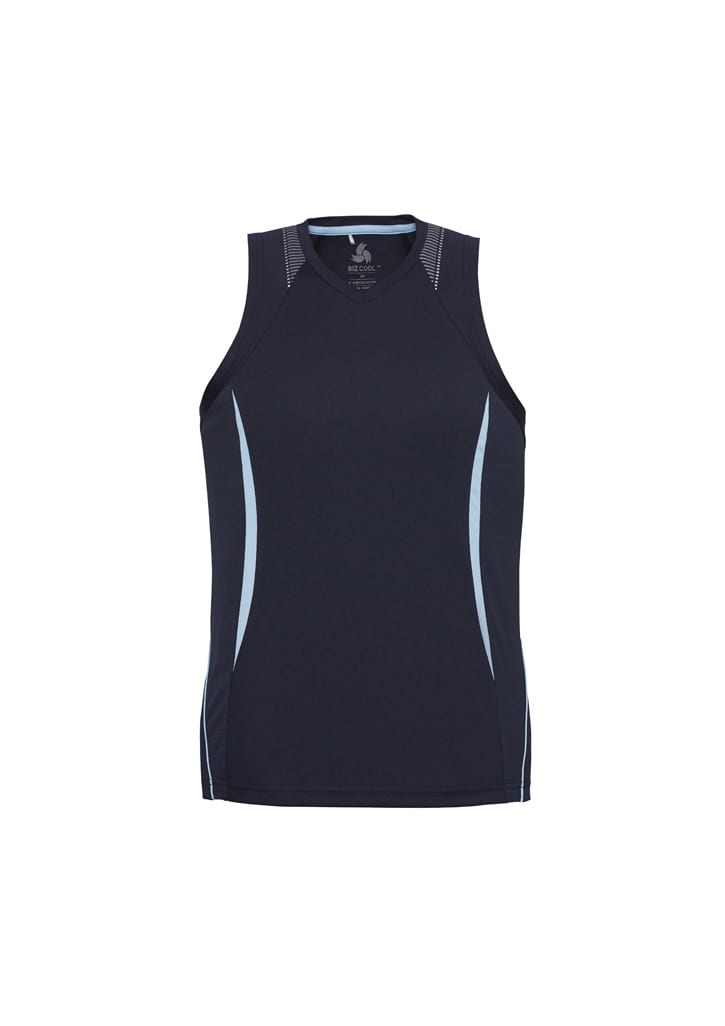 A dark navy men's razor singlet featuring light blue accents and a logo. Ideal for active wear.