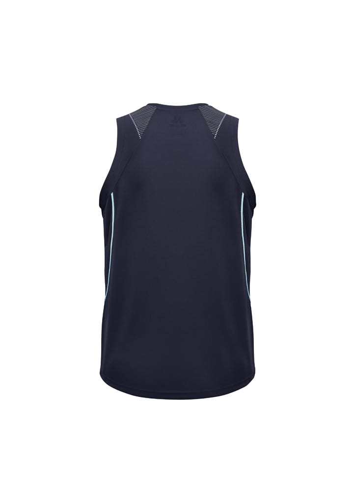A black men's singlet with blue accents, featuring a logo and a sleeveless design on the back.