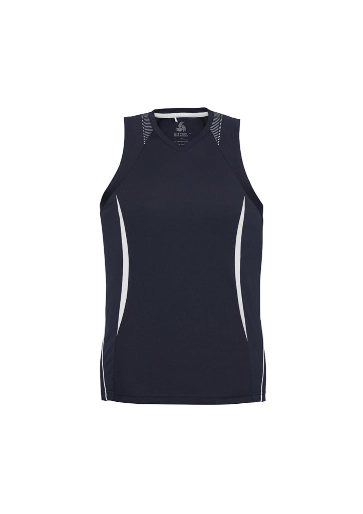 A navy singlet with white detailing, featuring a fitted design and sleeveless style. It has a logo on the front.