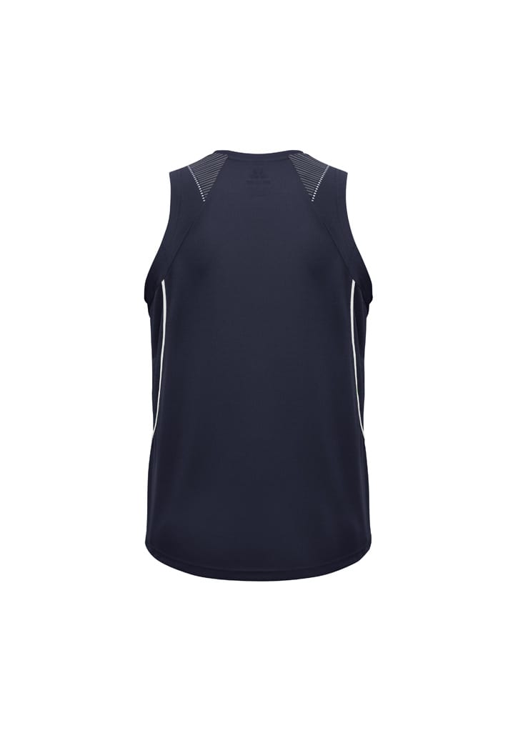 A navy singlet with a sporty design, featuring a logo and contrast stitching on the shoulders.