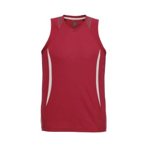 A red men's singlet featuring a fitted design and contrasting side panels, with branding on the chest.