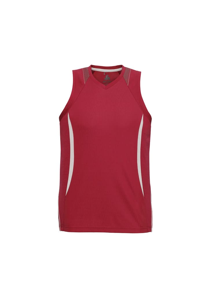 A red men's singlet featuring a fitted design and contrasting side panels, with branding on the chest.