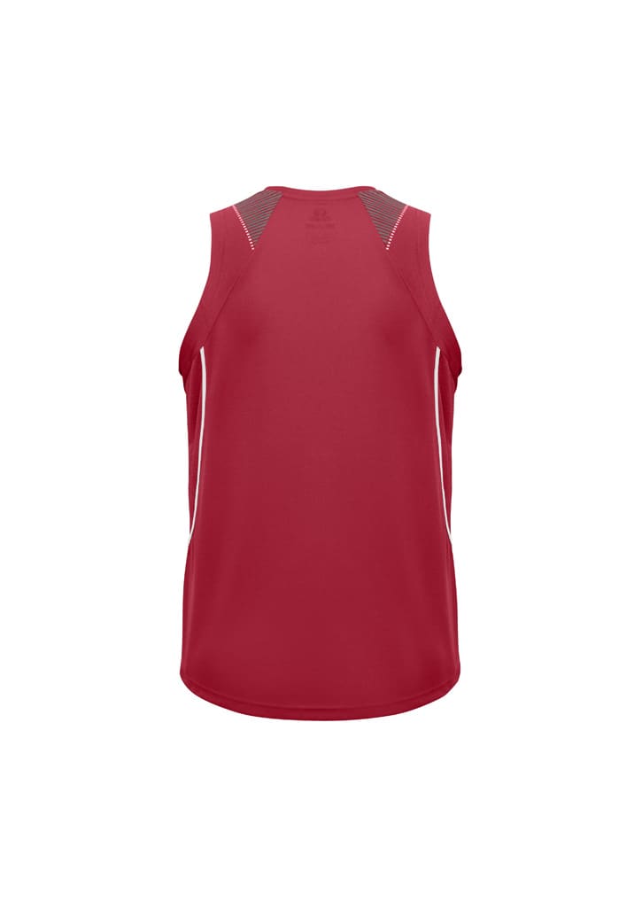 A red men's singlet with contrasting side panels and a logo on the back.