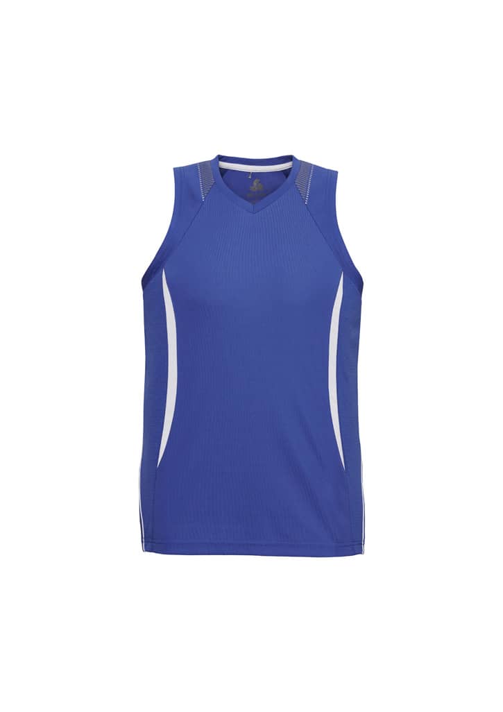 A blue men's razor singlet featuring white side panels and a crew neckline. It has a logo on the front.