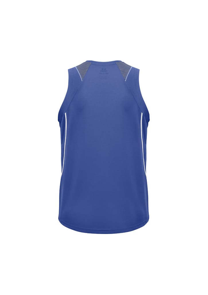 A blue men's razor singlet featuring a fitted design and contrasting mesh panel details on the back.