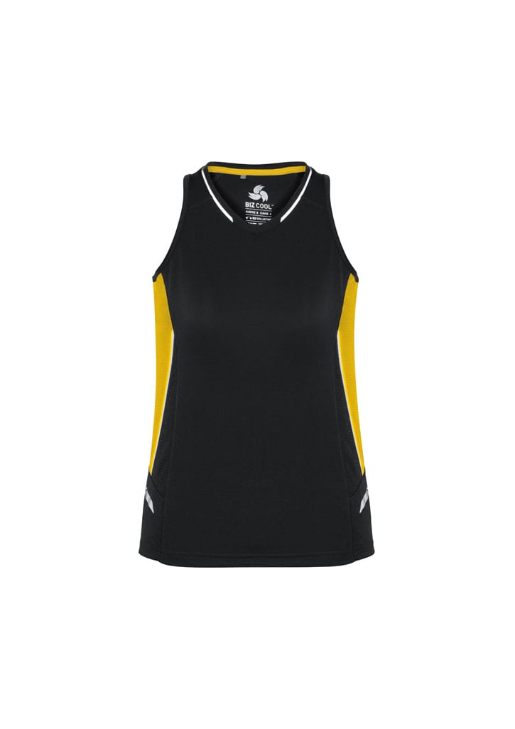 A black and yellow women's singlet featuring a logo, with a fitted design and contrasting side panels.