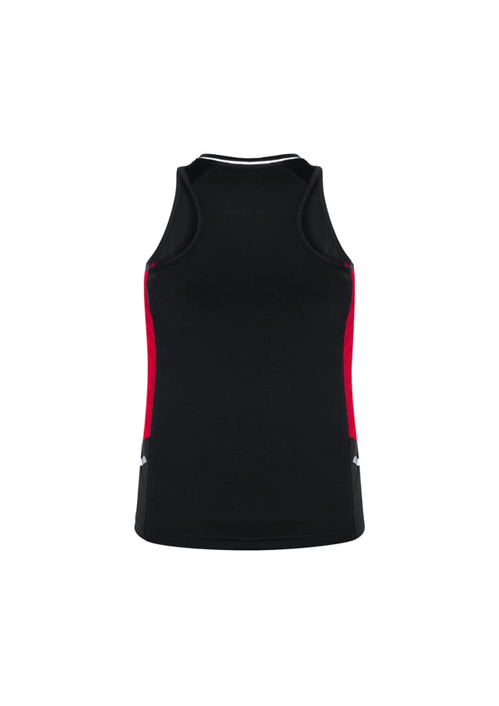 A black women's singlet with red detailing and a logo at the bottom.