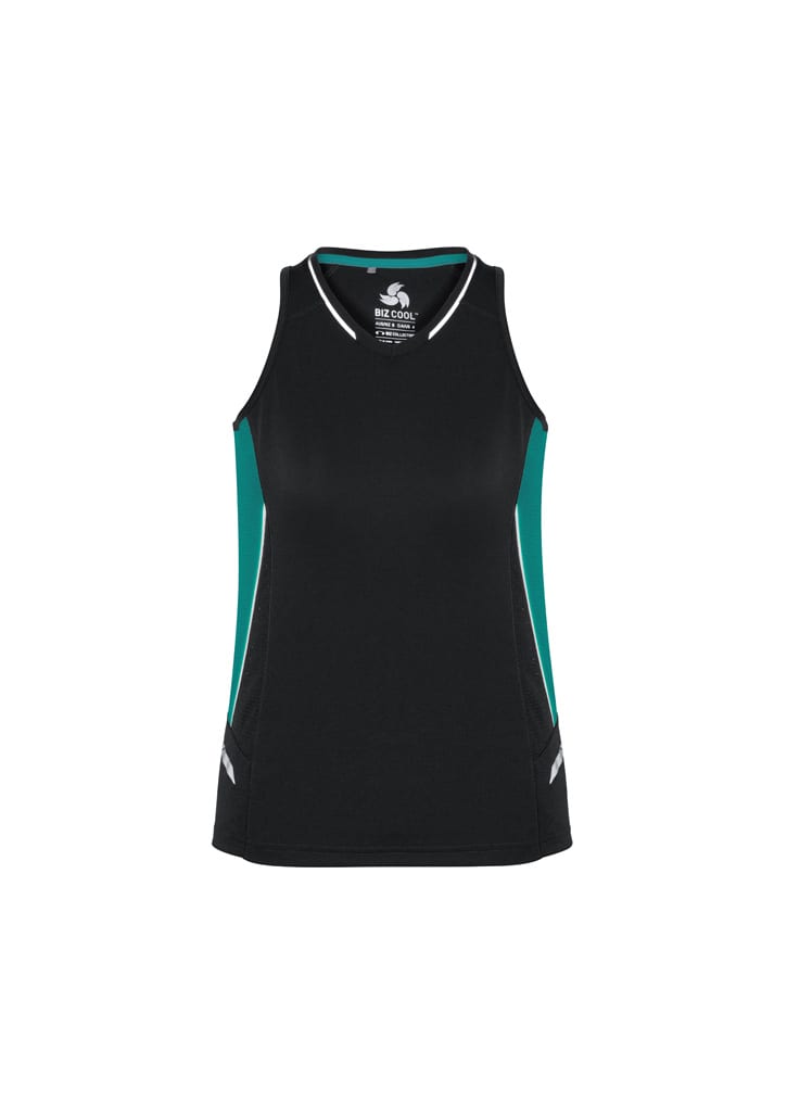 A black singlet with teal accents, featuring a logo on the front. Suitable for women's activewear.