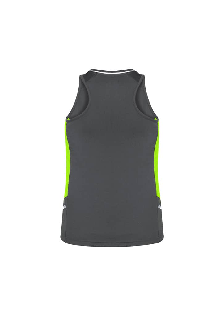 A women's singlet in dark grey with bright green side panels and a logo on the back.