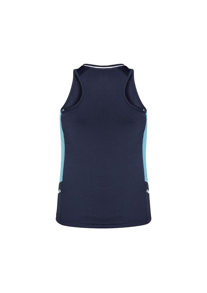 A dark navy singlet featuring light blue side panels and a fitted design. The garment has a small logo.