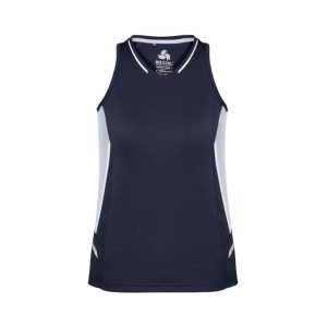 A navy blue women's singlet featuring light grey side panels and a logo on the front.