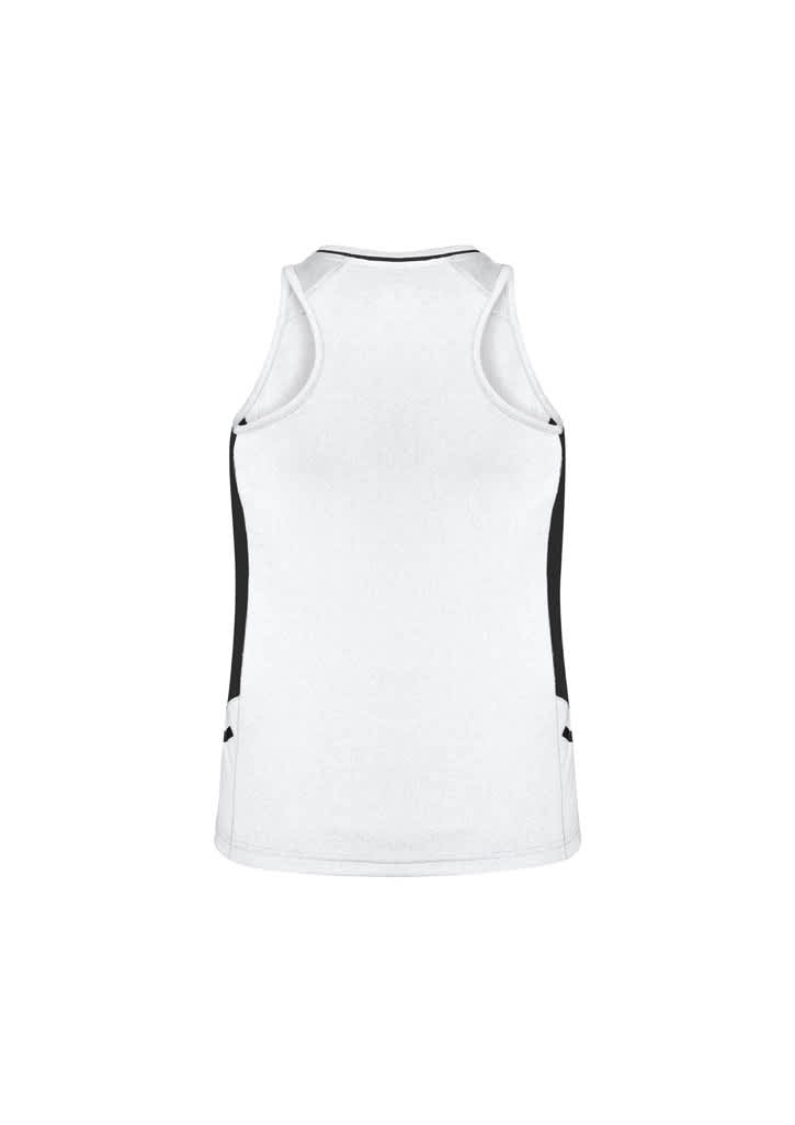 A white women's singlet with black side panels and a logo. The design features a sleeveless style.