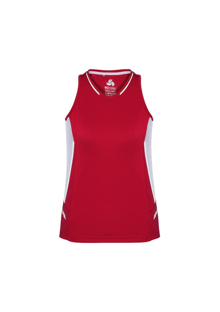 A red women's singlet with white side panels, featuring a logo on the front. Perfect for active wear.
