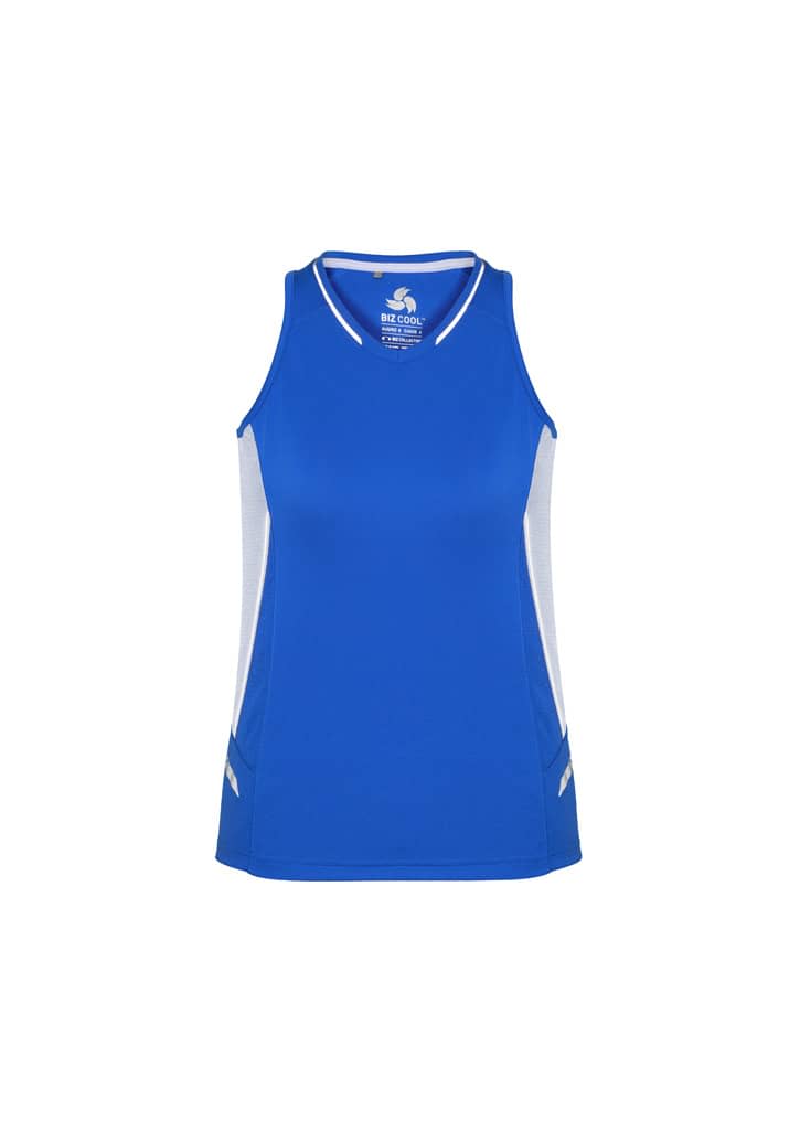 A blue women's singlet with white panel details and a logo.