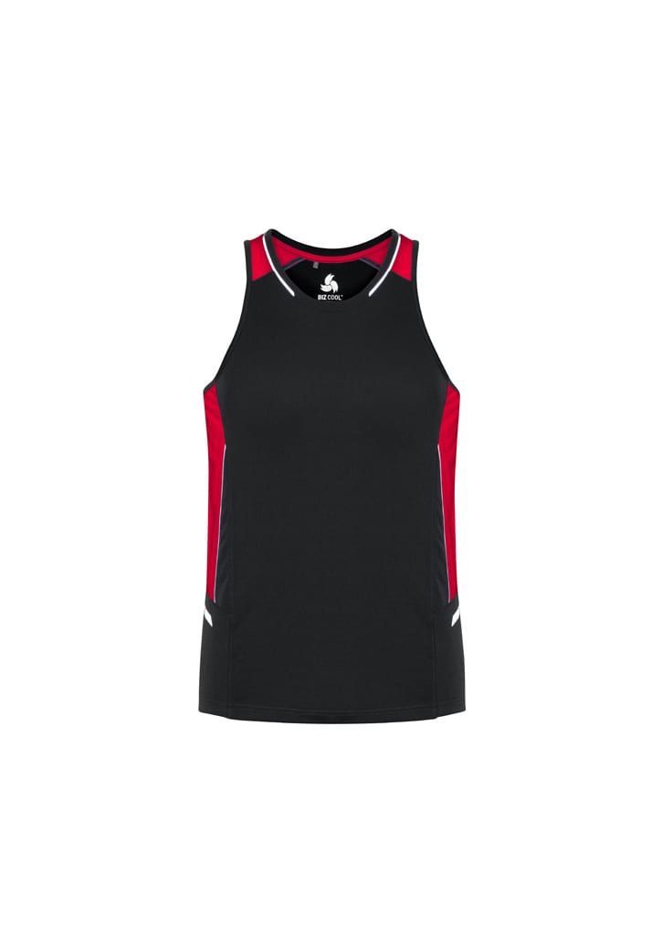 A black singlet with red side panels and white accents, featuring a logo on the front.