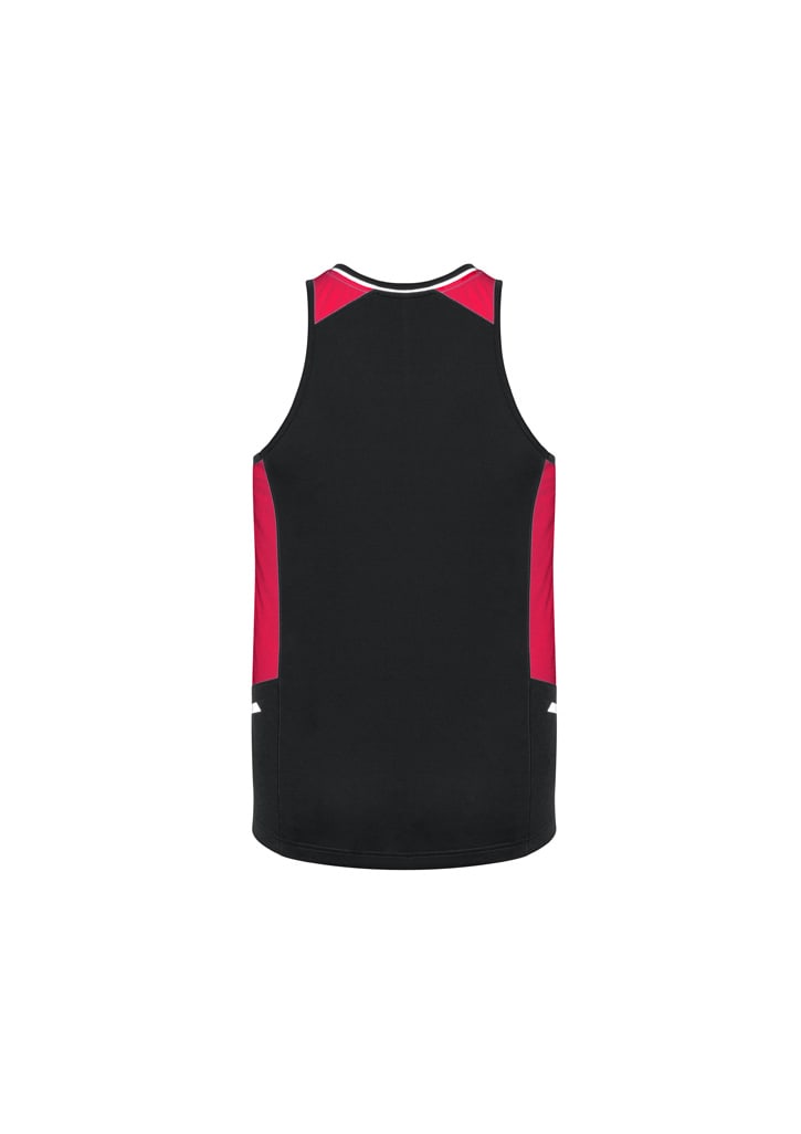 A black singlet with red side panels and a small logo on the back.