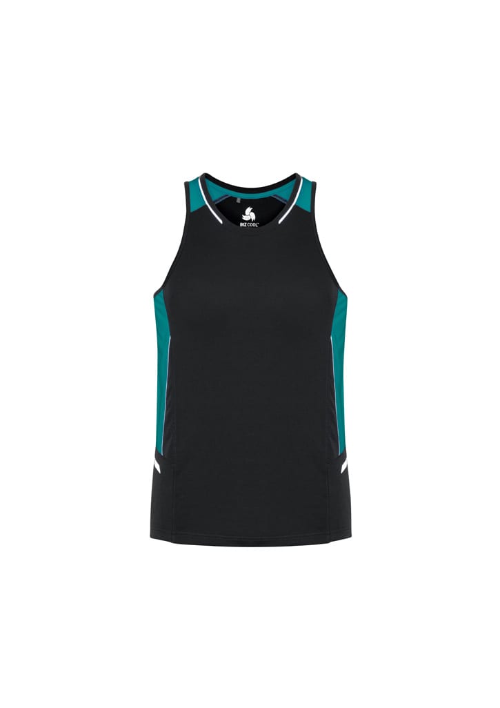 A black men's singlet with teal side panels and a logo on the front. Suitable for active wear.