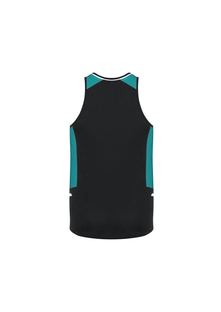 A black singlet with teal accents and a logo, featuring a sporty design and sleeveless cut.