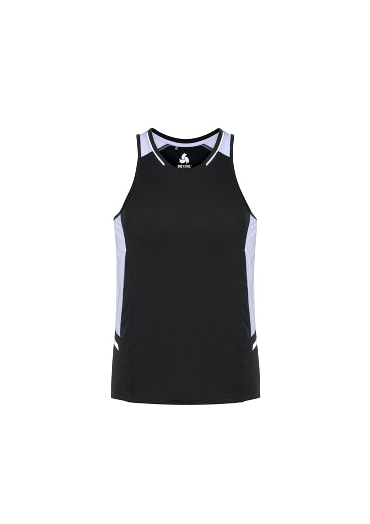 A black singlet with grey detailing and a logo on the front, designed for men.