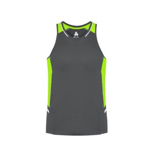 A men's singlet in grey with bright green accents and a logo on the chest. Suitable for sportswear.