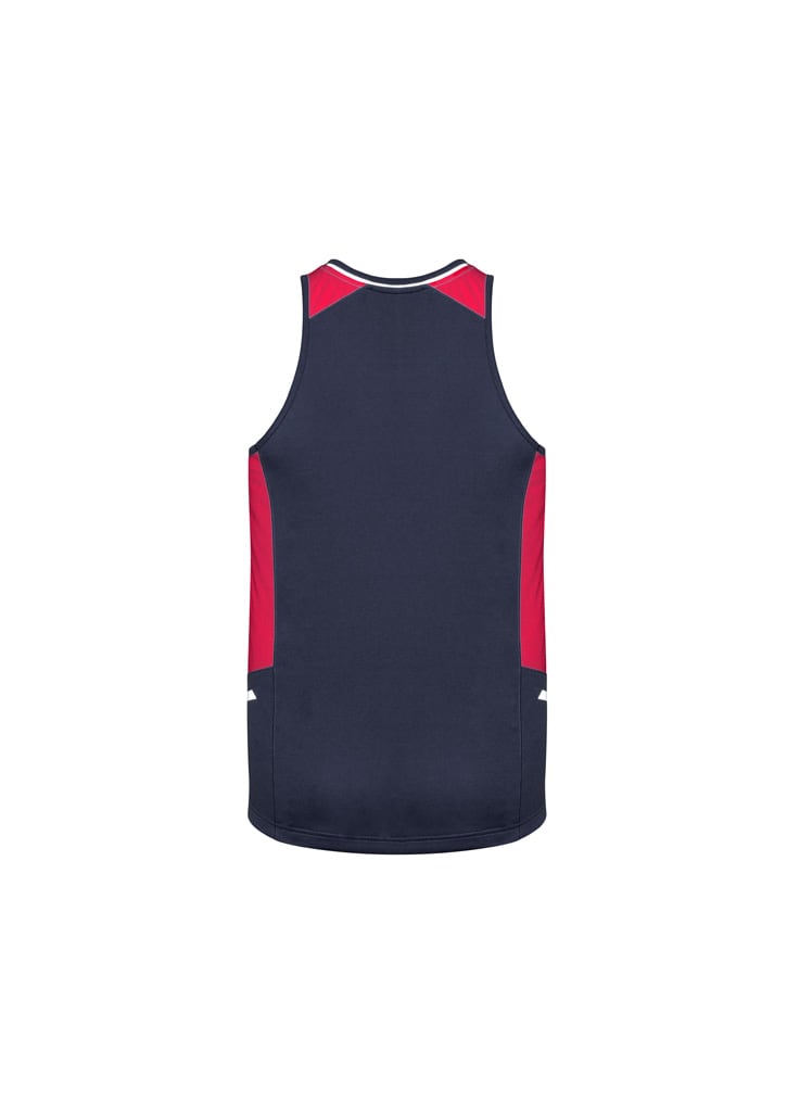 A men's singlet in navy blue with red detailing and a logo on the back.