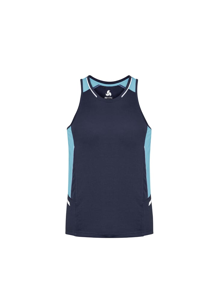 A navy and light blue singlet featuring a logo, designed for men.