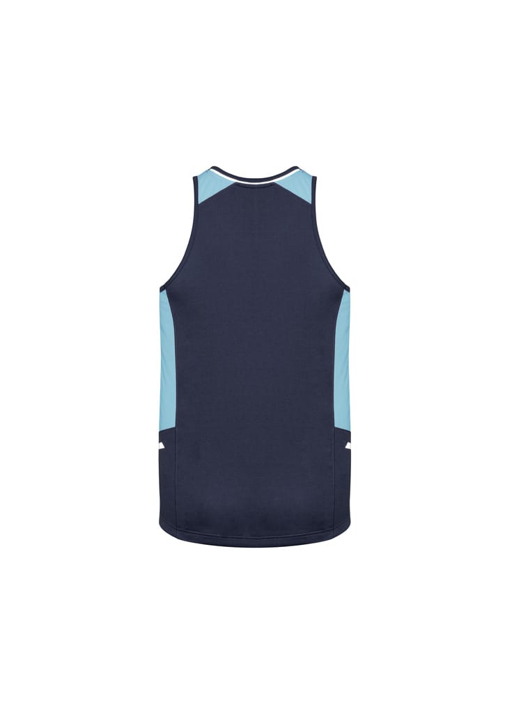 A navy blue singlet with light blue accents and a logo on the back.