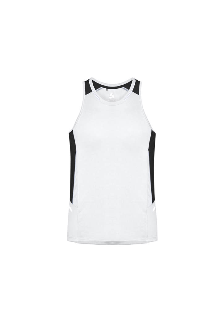 A white singlet with black side panels, featuring a logo on the front. Designed for men's activewear.